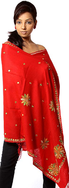 Red Floral Stole with Crewel Embroidery and Mirrors