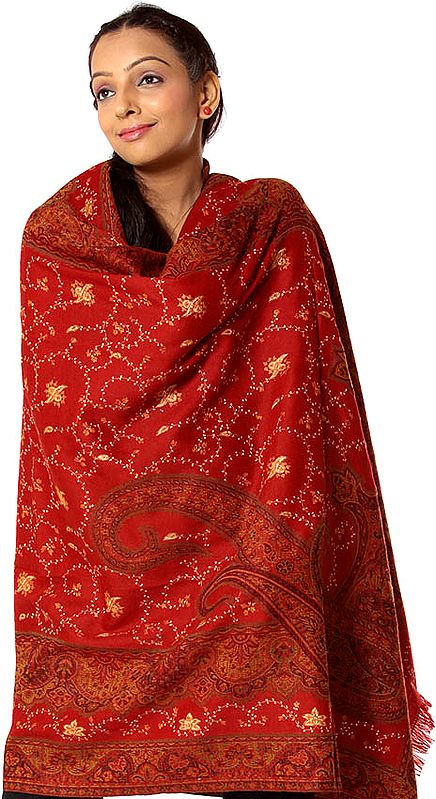 Red Jamawar Shawl with All-Over Needle Stitch Embroidery by Hand and Woven Paisleys