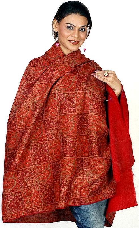 Red Jamawar Shawl with All-Over Weave
