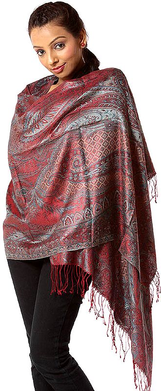 Red Jamawar Stole with All-Over Multi-Color Weave