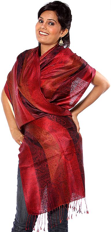 Red Jamawar Stole with All-Over Weave