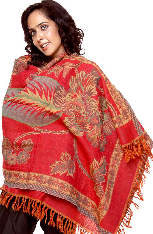 Red Jamawar Stole with Woven Flowers