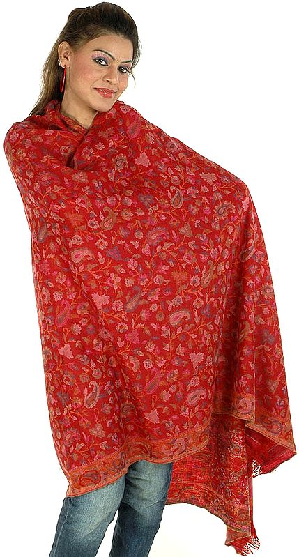Red Kani Shawl with Multi-color Flowers All-Over