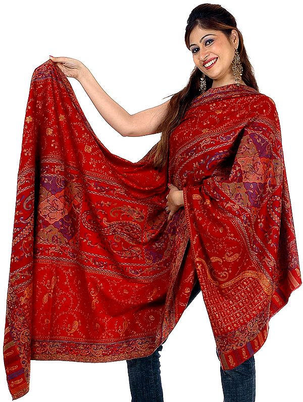 Red Kani Shawl with Multi-Color Weave and All-Over Embroidery