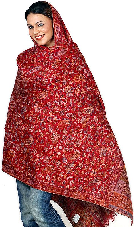 Red Kani Shawl with Multi-Color Woven Flowers All-Over