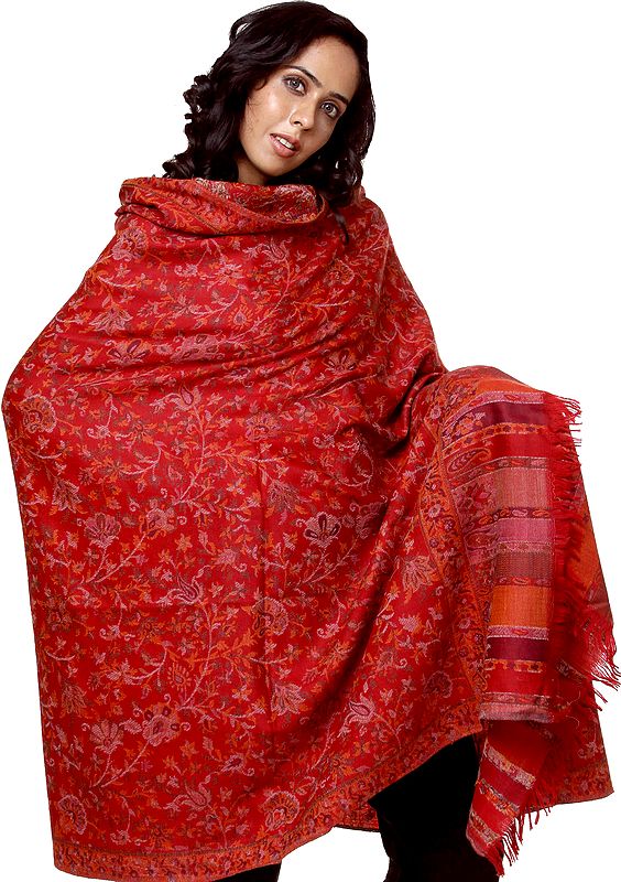 Red Kani Shawl with Woven Flowers in Multi-Color Threads
