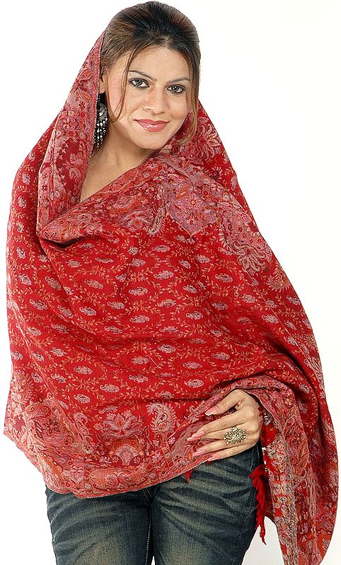 Red Kani Stole with All-Over Woven Bootis