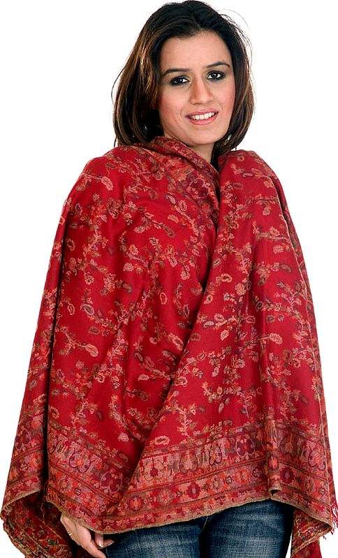Red Kani Stole with All-Over Woven Paisleys