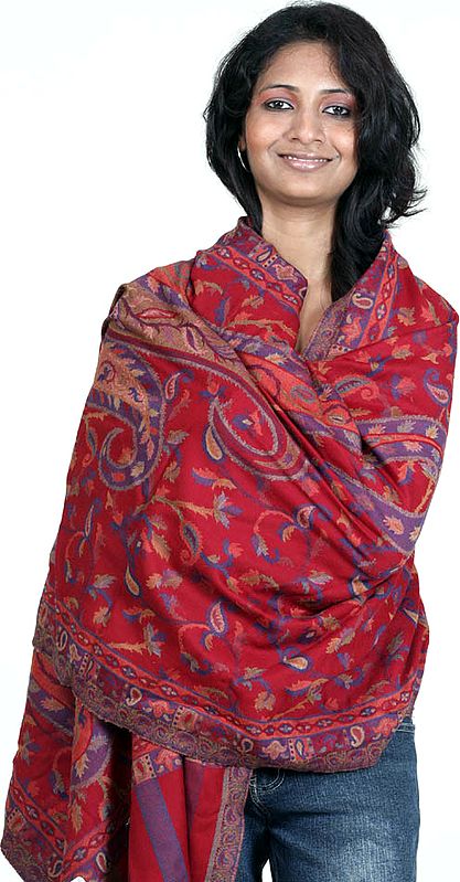 Red Kani Stole with Multi-Color Floral Weave