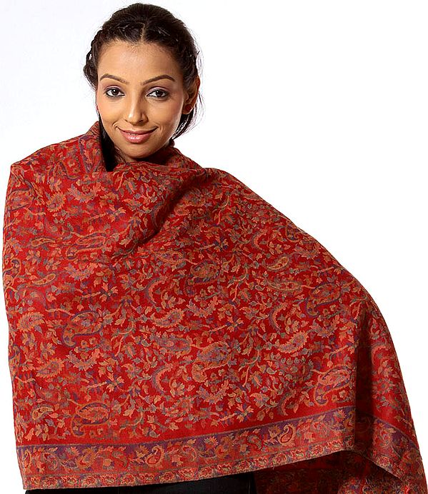 Red Kani Stole with Multi-Color Thread Weave