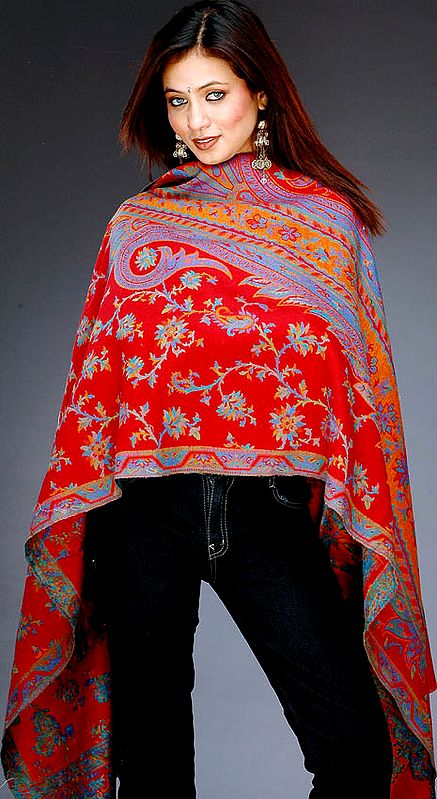 Red Kani Stole with Multi-Color Thread Weave