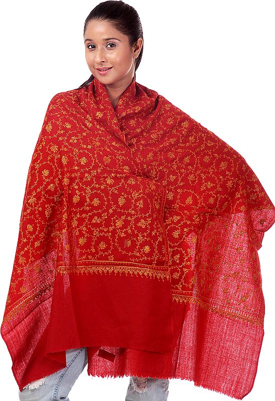 Red Kashmiri Stole with All-Over Hand-Embroidery by Hand