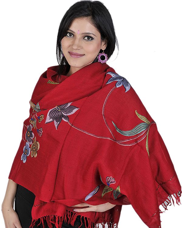Red Kashmiri Stole with Hand Embroidered Foliage