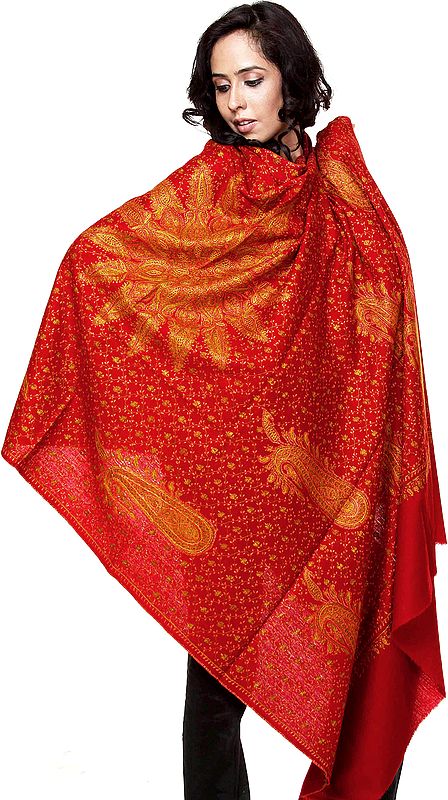 Red Kashmiri Tusha Shawl with Large Hand Needle-Embroidered Flower and Paisleys