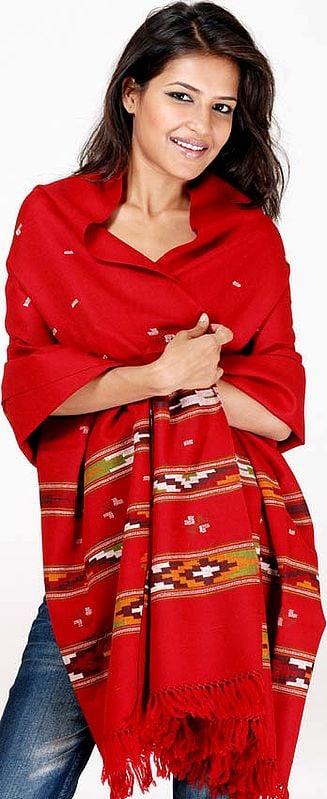 Red Kullu Shawl from Himachal