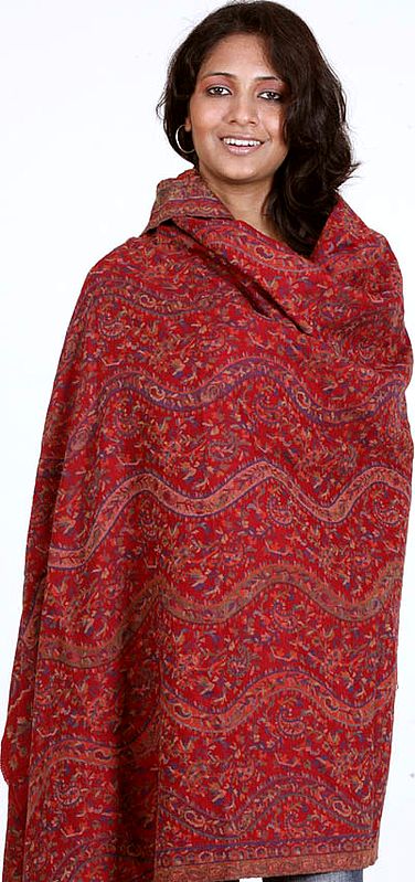 Red Leheria Kani Jamawar Shawl with Multi-Color Paisleys