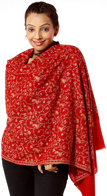 Red Pure Pashmina Stole Embroidered by Hand in Kashmir
