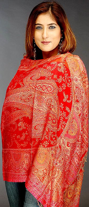 Red Pure Silk Jamawar Stole with Paisley