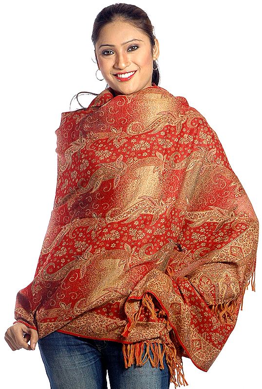 Red Reversible Jamawar Shawl with All-Over Weave