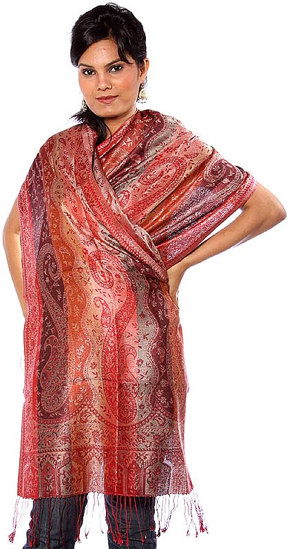 Red Reversible Jamawar Stole with All-Over Woven Paisleys