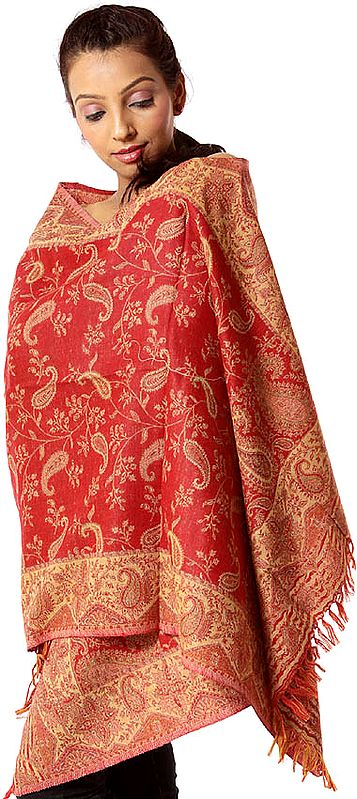 Red Reversible Jamawar Stole with Paisleys Woven All-Over