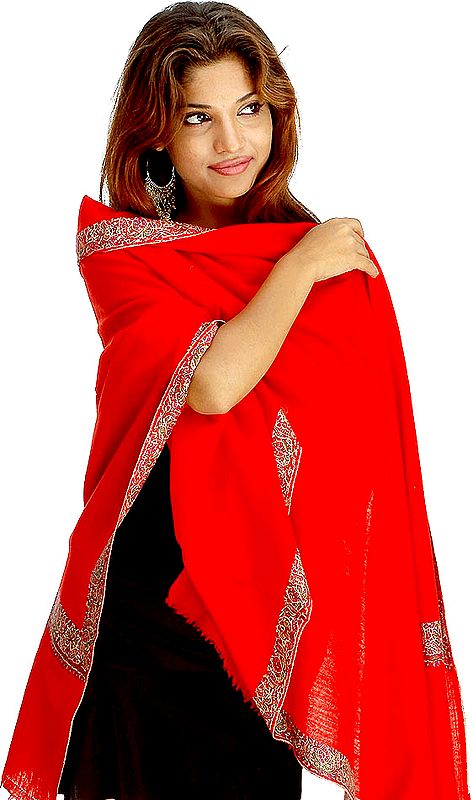 Scarlet Semi-Pashmina Shawl with Kashmiri Needle Embroidery on Border