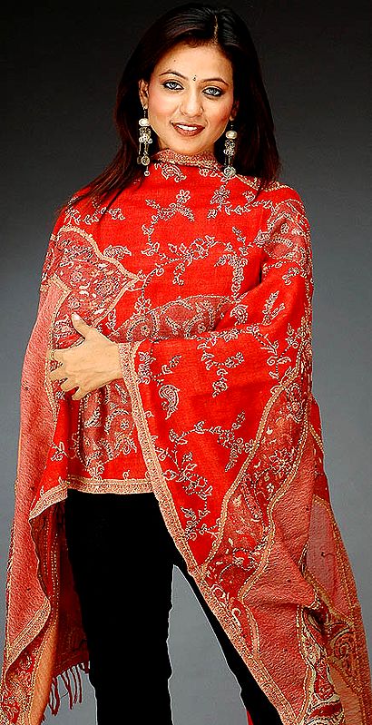 Red Shaded Jamawar Stole with Kantha Stitch and Sequins