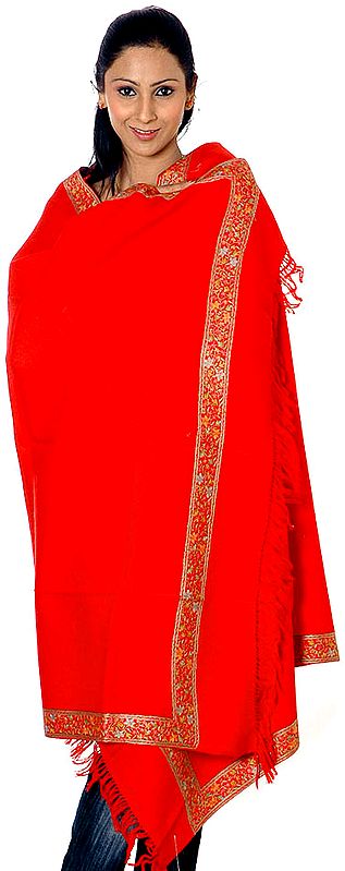 Red Shawl from Kullu with Hand-Embroidery on Border