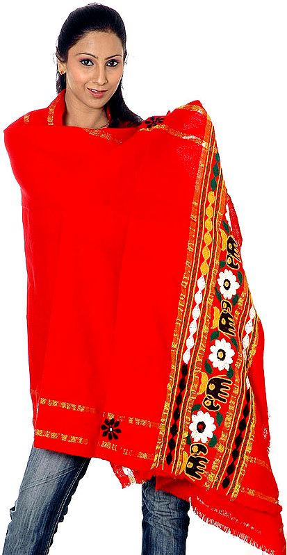 Red Shawl from Kutchh with Aari-Embroidered Elephants