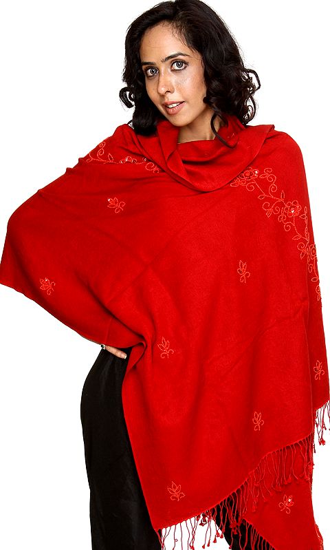 Red Silk-Pashmina Stole from Nepal with Embroidered Beads and Sequins