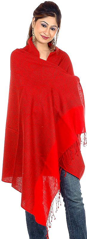 Red Silk-Wool Jamawar Shawl with All-Over Weave