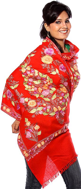 Red Stole from Kashmir with Floral Aari Embroidery