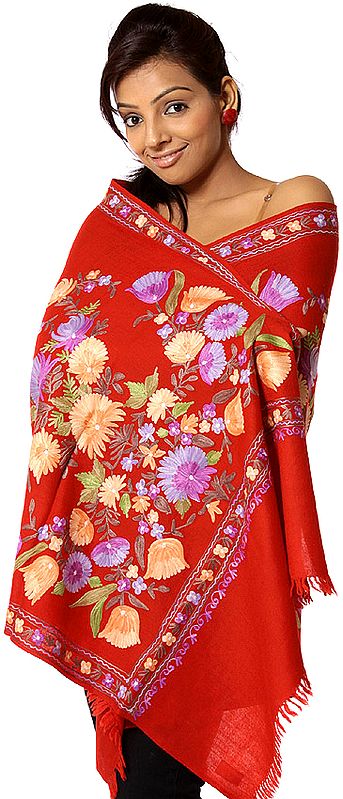 Red Stole from Kashmir with Floral Aari Embroidery