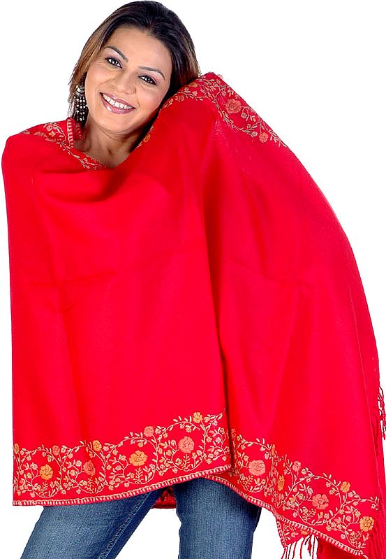 Red Stole from Kullu with Hand-Embroidery on Border