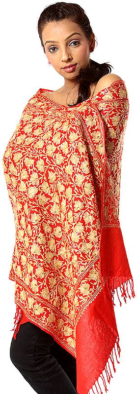 Red Stole with Aari Embroidery and Beads All-Over