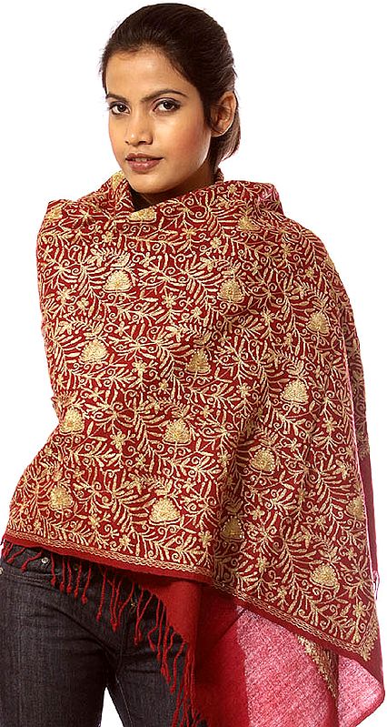 Red Stole with Aari-Embroidered Flowers in Silver and Sequins