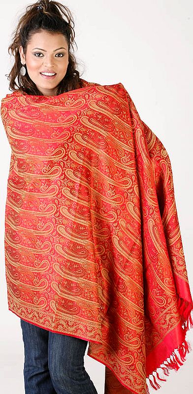 Red Stylized Paisley Banarasi Shawl with All-Over Weave