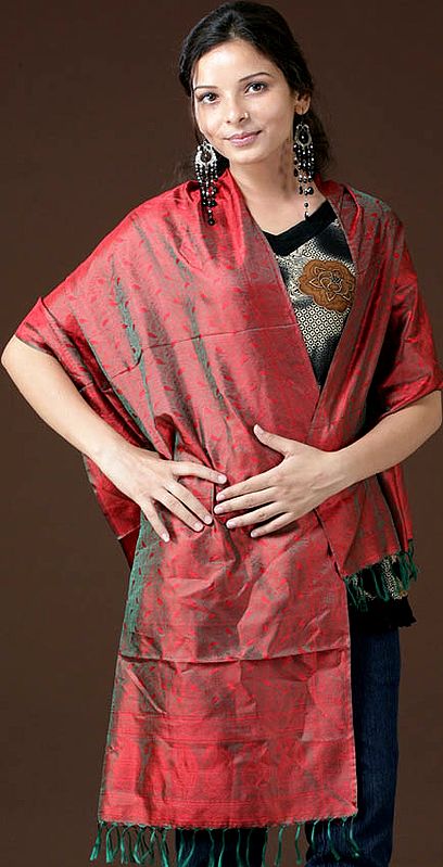 Red-Green Banarasi Stole with Tanchoi Weave