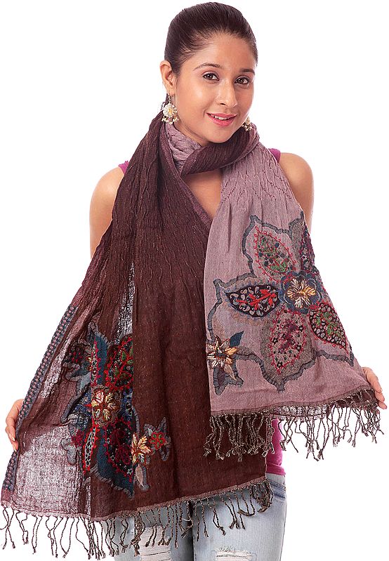 Reversible Brown Scarf with Floral Embroidery and Beads