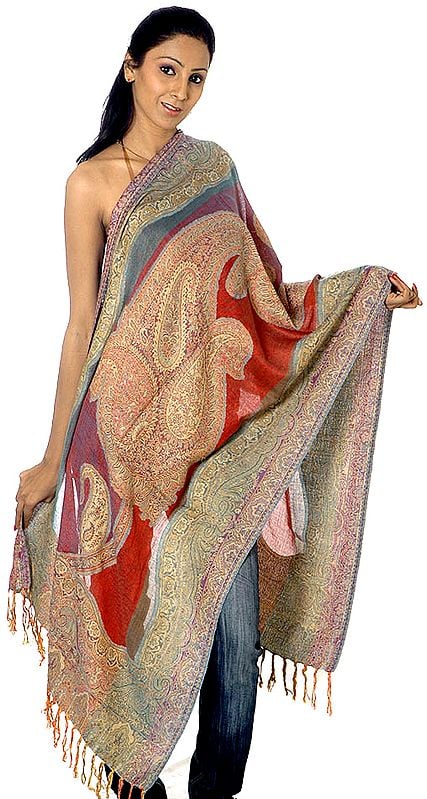 Reversible Jamawar Stole with a Large Paisley