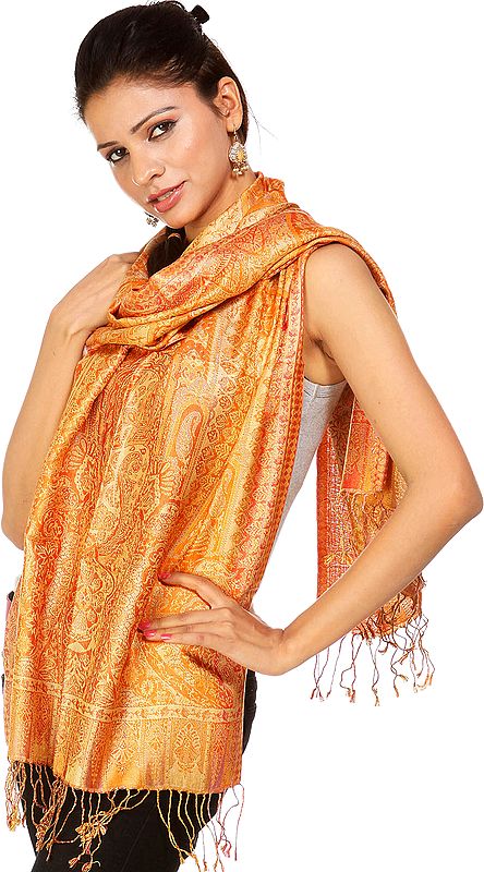 Reversible Orange Jamawar Stole with All-Over Weave