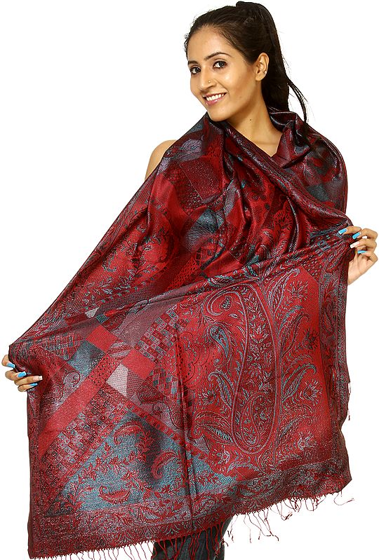 Reversible Oxblood-Red and Cyan Super Silk Jamawar Stole with All-Over Weave