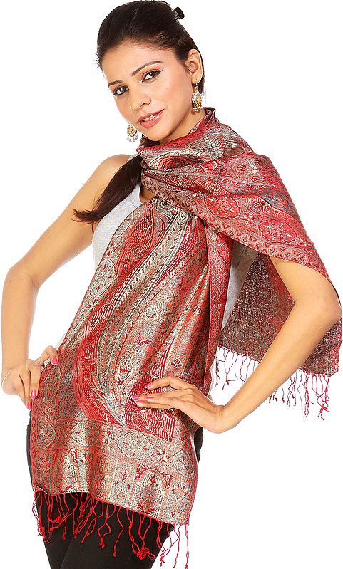 Reversible Red and Beige Jamawar Scarf with All-Over Weave