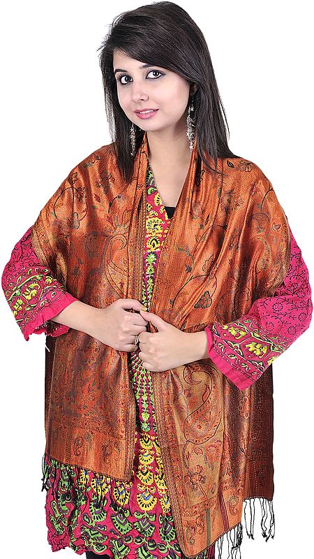 Reversible Super Silk Jamawar Scarf with All-Over Woven Paisleys in Orange and Black