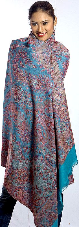 Reversible Turquoise Kani Jamawar Shawl with All-Over Weave