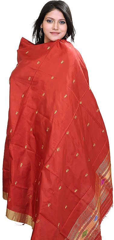 Rio-Red Paisthani Dupatta with Woven Paisleys and Golden Border