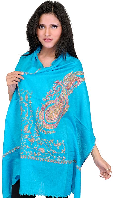 River-Blue Tusha Stole from Kashmir with Hand Embroidered Large Paisley