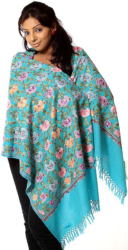 Robin-Egg Blue Aari Stole with Floral Embroidery All-Over