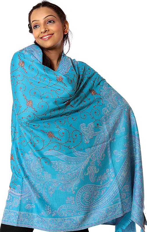 Robin-Egg Blue Jamawar Shawl with All-Over Needle Stitch Embroidery