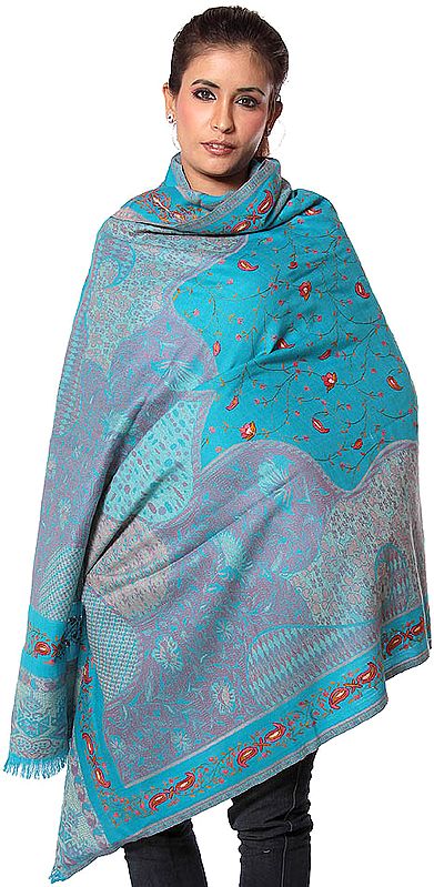 Robin-Egg Blue Jamawar Shawl with Needle Embroidery by Hand